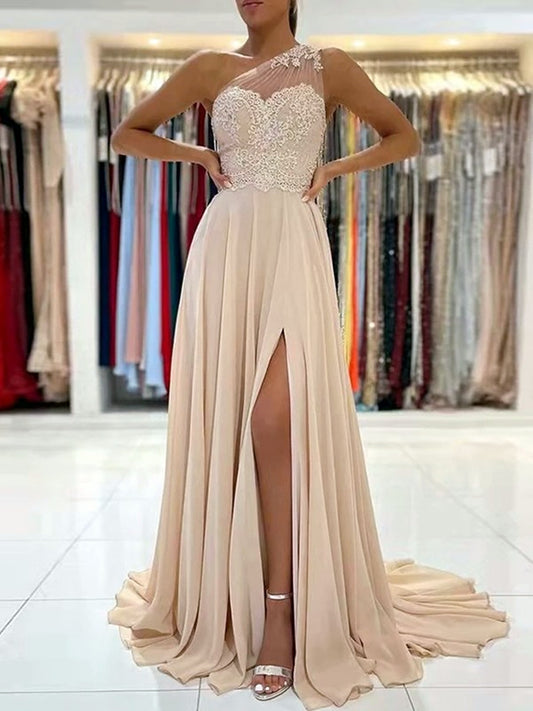 Women A-Line Appliques Prom Dresses Long One-Shoulder Evening Gowns Formal Party Dress YPD564