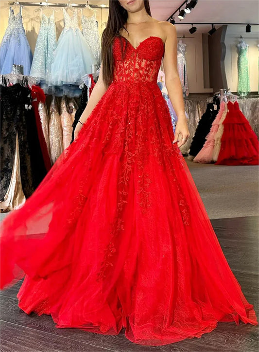 Women A-Line Lace Prom Dresses Long Sweetheart Appliques Evening Gowns Sleeveless Formal Party Dress YPD660