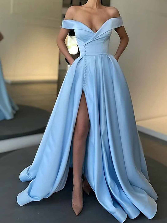 Women A-Line Satin Prom Dresses Long Slit Evening Gowns Formal Party Dress YPD583