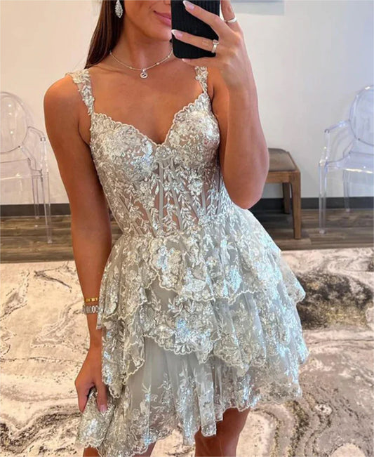 Women Princess Lace Prom Dresses Short Off the Shoulder Appliques Cocktail Gowns Girls Sleeveless Homecoming Dresses Short Graduation Dress YHD307