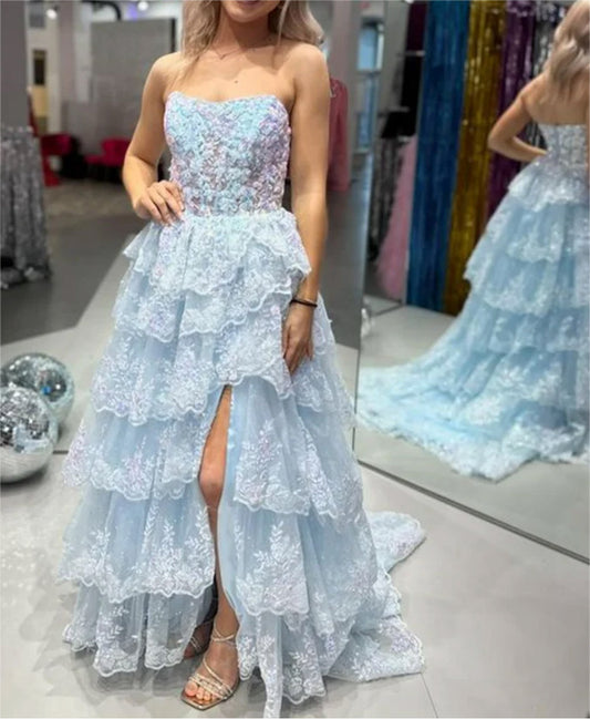 Women A-Line Lace Prom Dresses Long Slit Appliques Evening Gowns Sleeveless Formal Party Dress YPD611