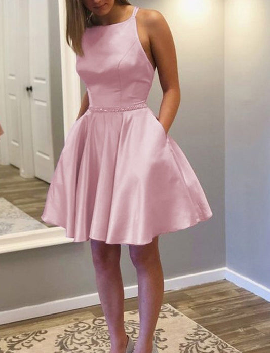 Women A-Line/Princess Satin Prom Dresses Short Cocktail Gowns Girls Sleeveless Homecoming Dresses Short Graduation Dress YHD302