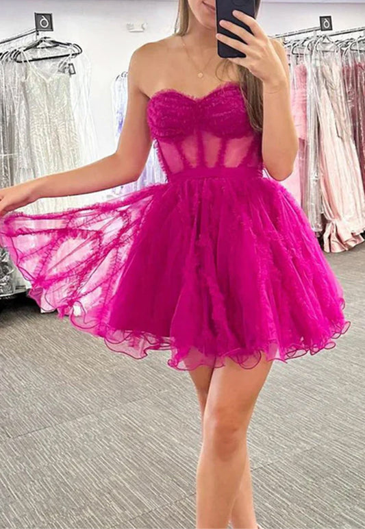 Women Strapless Tulle Prom Dresses Short Sweetheart Cocktail Gowns Girls Sleeveless Homecoming Dresses Short Graduation Dress YHD310