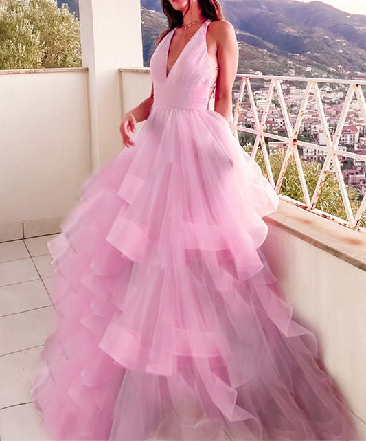 Women A-Line Tulle Prom Dresses Long V-Neck Ruffles Evening Gowns Sleeveless Formal Party Dress YPD591