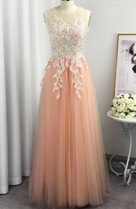 Women A-Line/Princess Lace Prom Dresses Long Tulle Evening Gowns Sleeveless Formal Party Dress YPD594