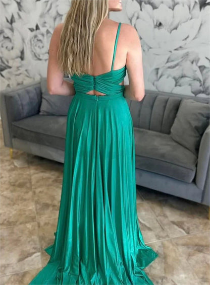 Women A-Line Satin Prom Dresses Long V Neck Evening Gowns Sleeveless Formal Party Dress YPD648