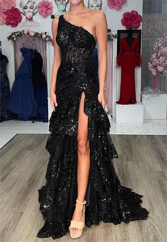 Women One Shoulder Lace Prom Dresses Long Slit Appliques Evening Gowns Sleeveless Formal Party Dress YPD656