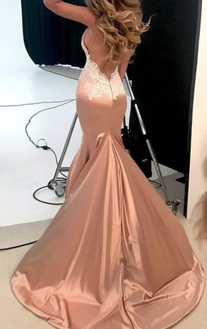 Women Mermaid Lace Prom Dresses Long V-Neck Appliques Evening Gowns Formal Party Dress YPD569