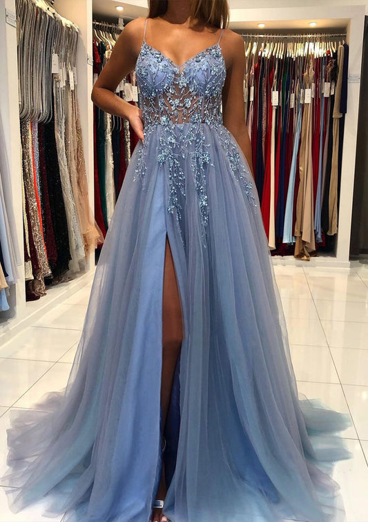 Women Tulle Beaded Prom Dress Long Side Slit Evening Gowns Princess Formal Party Dress YPD751