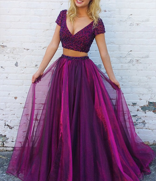 Women 2 Pieces Prom Dresses Long Beads Evening Party Dress YPD094