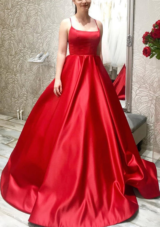 Women Spaghetti Straps Prom Dress Long Red Evening Gowns Satin Formal Party Dress YPD779