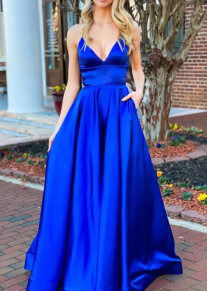 Women V-Neck Prom Dress Long Royal Blue Evening Gowns Satin Formal Party Dress YPD793