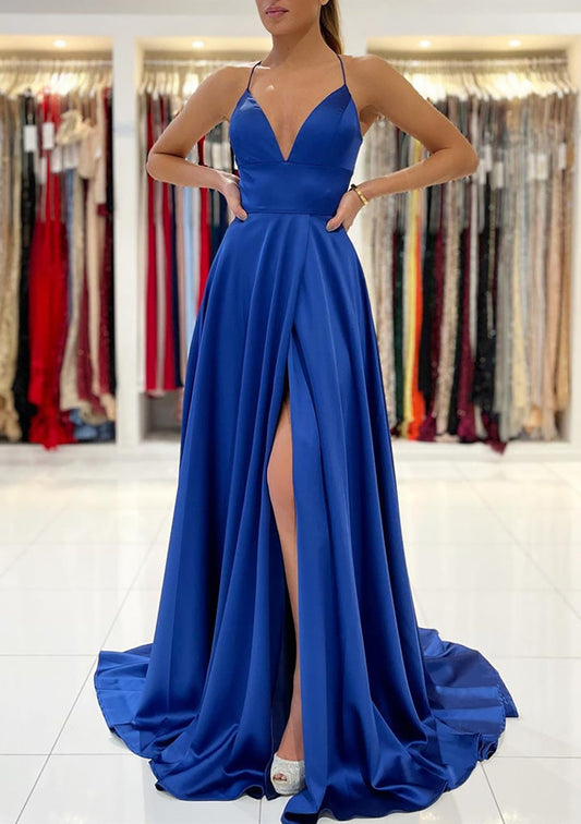 Women High Side Slit Prom Dress Long Royal Blue Evening Gowns V-Neck Formal Party Dress YPD780