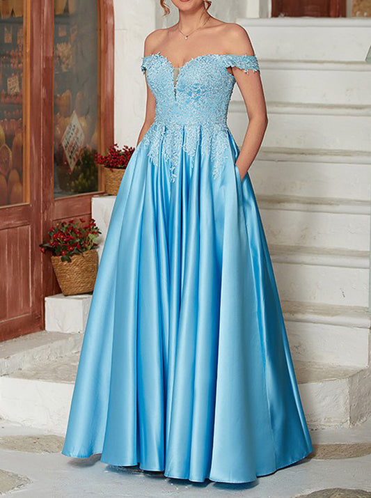 Women Satin Appliques Prom Dress Long Floor Length Evening Gowns Off-the-Shoulder Party Dress YPD841