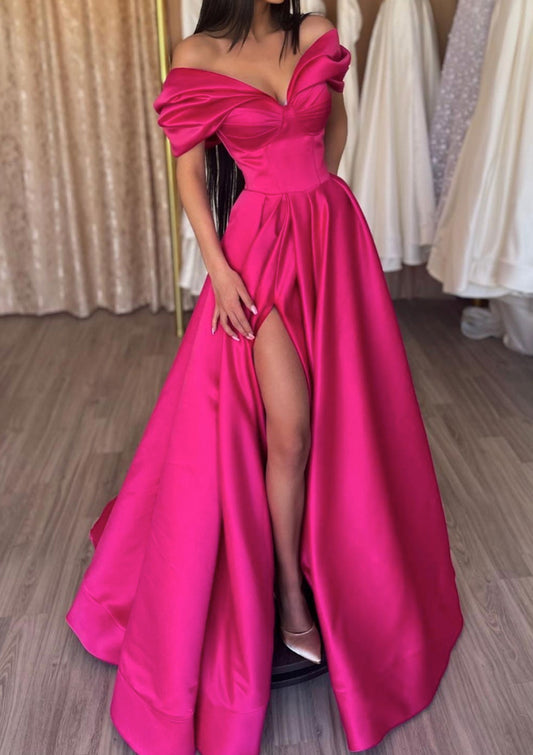 Women High Side Slit Prom Dress Long Off-the-Shoulder Evening Gowns Satin Formal Party Dress YPD781