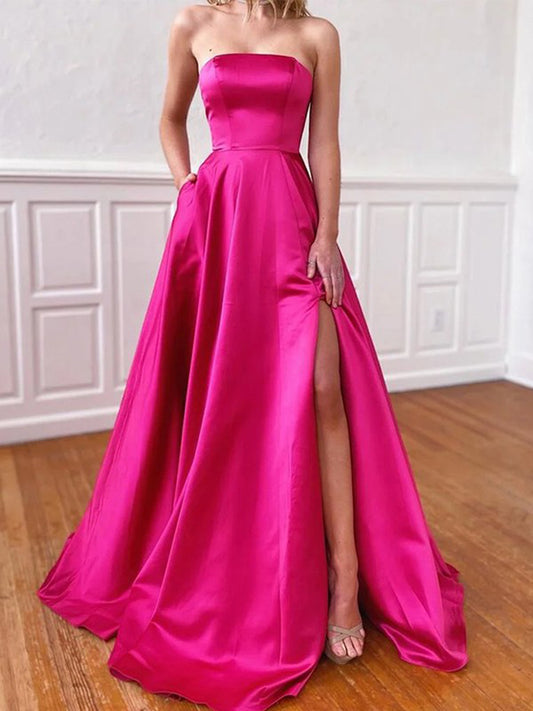 Women Strapless Prom Dress Long Side Slit Evening Gowns Fashion Satin Party Dress YPD849