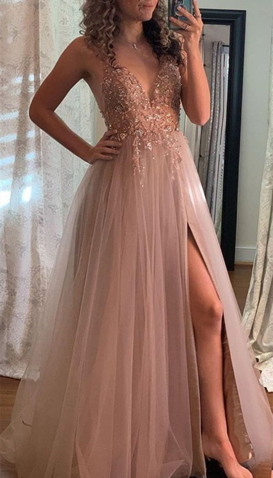 Women Beads Prom Dresses Long Side Slit Evening Party Dress YPD163