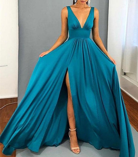 Women Side Slit Prom Dresses Long V-Neck Evening Party Dress YPD098