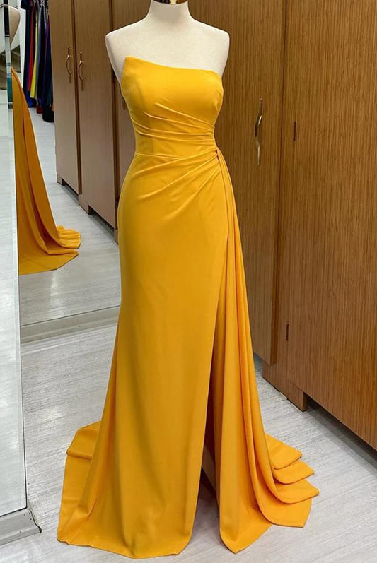 Women Strapless Bridesmaid Dress Long Side Slit Prom Gowns Fashion Wedding Party Dress YBD014