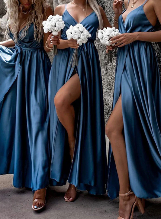 Women Spaghetti Straps Bridesmaid Dress Long Side Slit Prom Gowns Simple Wedding Party Dress YBD010