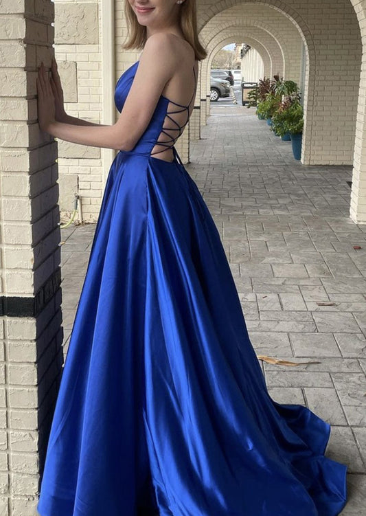 Women Spaghetti Straps Prom Dress Long Royal Blue Evening Gowns Open Back Formal Party Dress YPD784