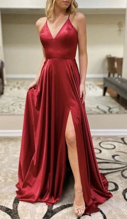 Women V-Neck Prom Dresses Long Satin Evening Party Dress YPD224