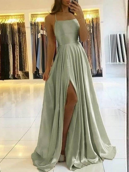 Women Spaghetti Straps Prom Dress Long Simple Evening Gowns A-Line Side Slit Party Dress YPD827