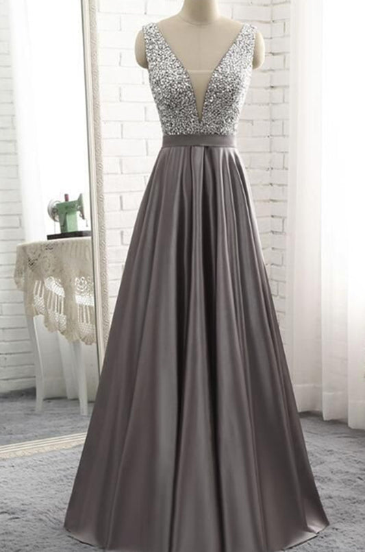 Women Beads Prom Dresses Long Satin Evening Party Dress YPD166
