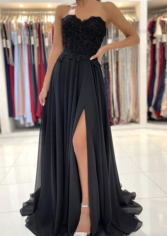 Women Side Slit Prom Dress Long Black Evening Gowns Sweetheart Formal Party Dress YPD809