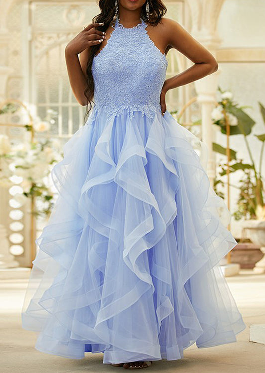 Women Tulle Appliques Prom Dress Long Halter Evening Gowns Princess Party Dress YPD842