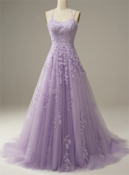 Women Tulle Appliques Prom Dress Long Spaghetti Straps Evening Gowns Princess Formal Party Dress YPD748
