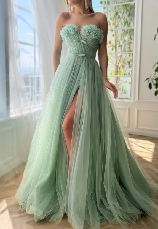 Women Tulle Prom Dress Long Side Slit Evening Gowns Princess Formal Party Dress YPD736
