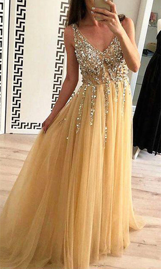 Women Beads Prom Dresses Long Side Slit Evening Party Dress YPD171