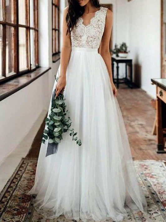 Women A-Line Lace Wedding Dresses Sleeveless V-Neck Bridal Gowns YWD225