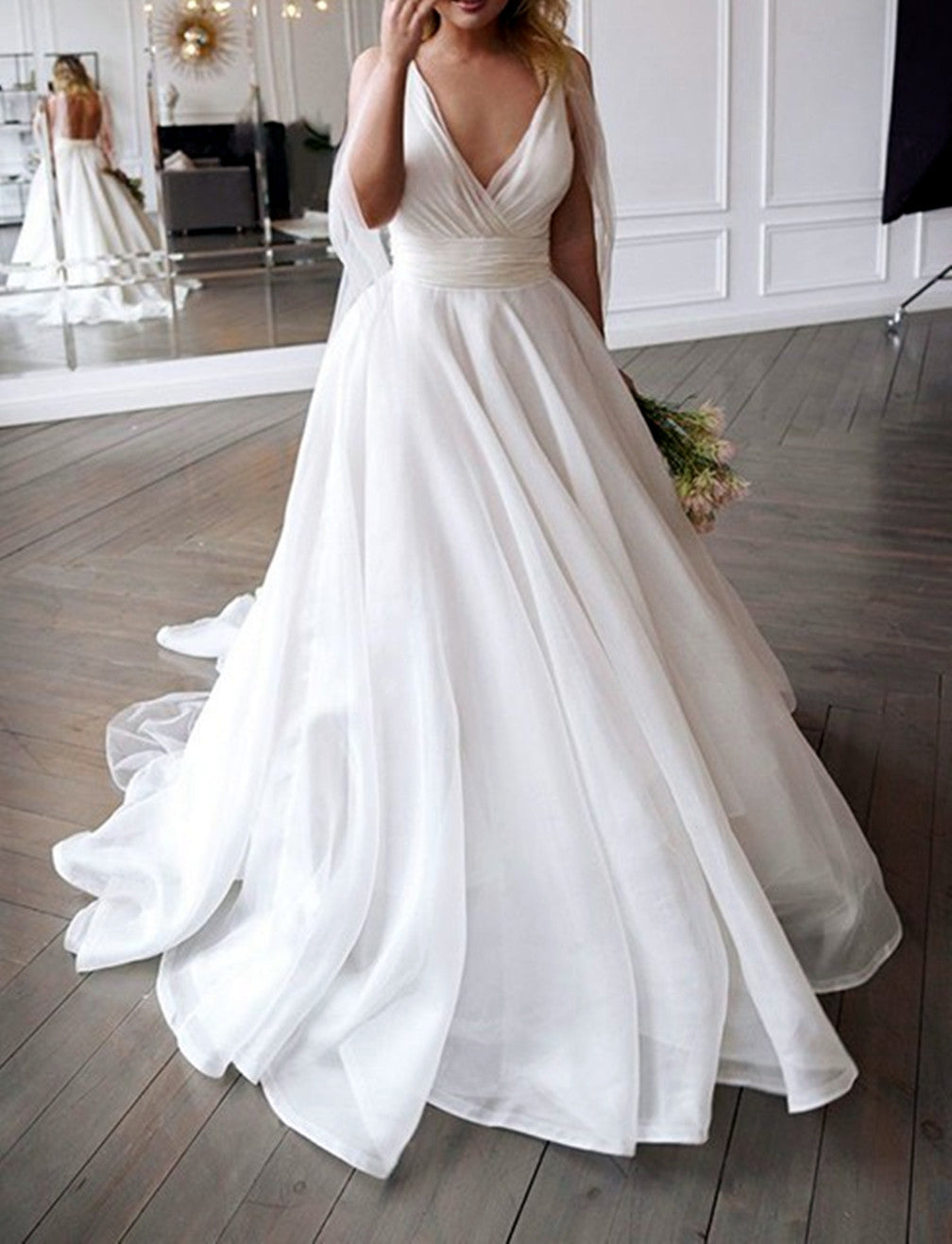 Women A-Line Organza Wedding Dresses V-Neck Sleeveless Bridal Gowns YWD229