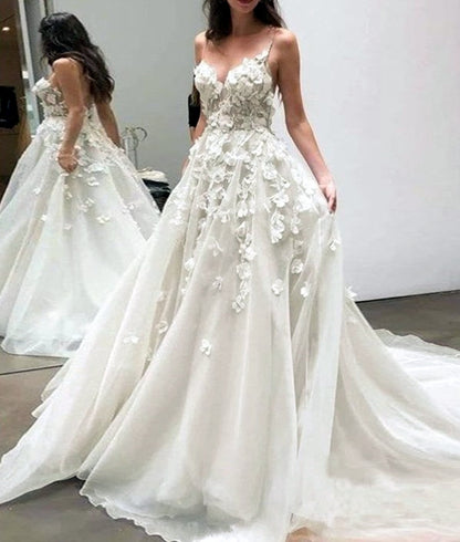 Women A-Line Appliques Wedding Dresses Sleeveless V-Neck Bridal Gowns YWD218