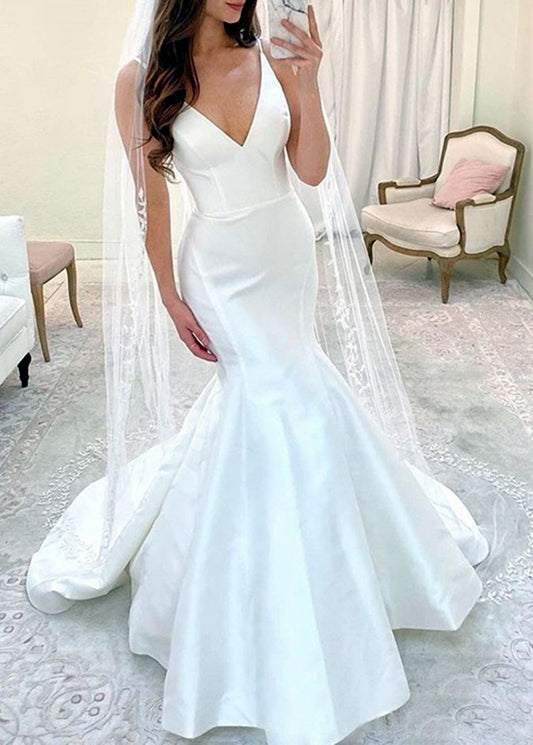 Women Mermaid Satin Wedding Dresses Sleeveless V-Neck Bridal Gowns YWD220