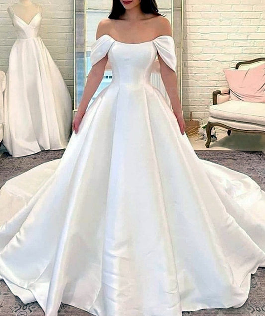 Women A-Line Satin Wedding Dresses Off the Shoulder Bridal Gowns YWD228