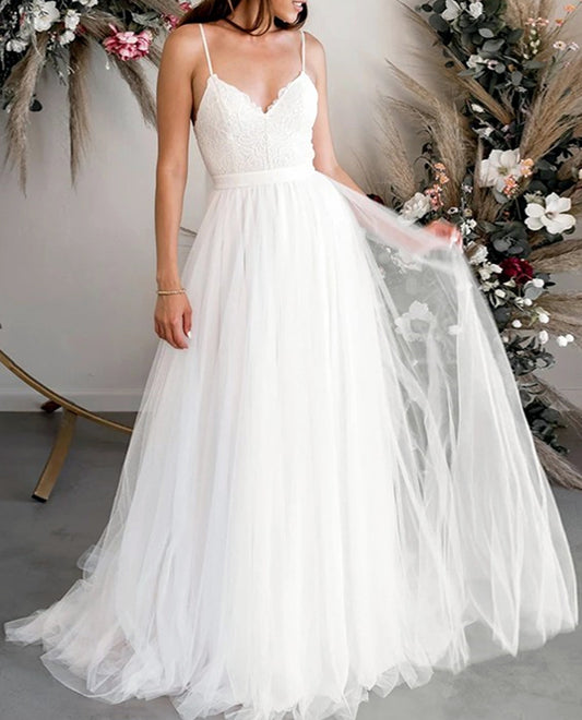 Women A-Line Appliques Wedding Dresses V-Neck Lace Bridal Gowns YWD207