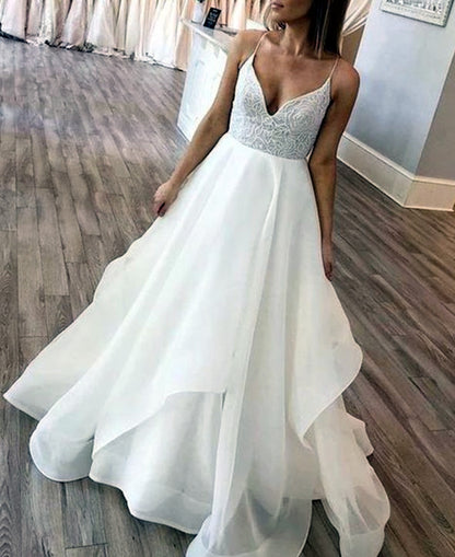 Women A-Line Appliques Wedding Dresses V-Neck Lace Bridal Gowns YWD202