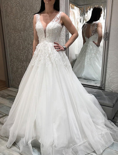 Women A-Line Appliques Wedding Dresses V-Neck Lace Bridal Gowns YWD206