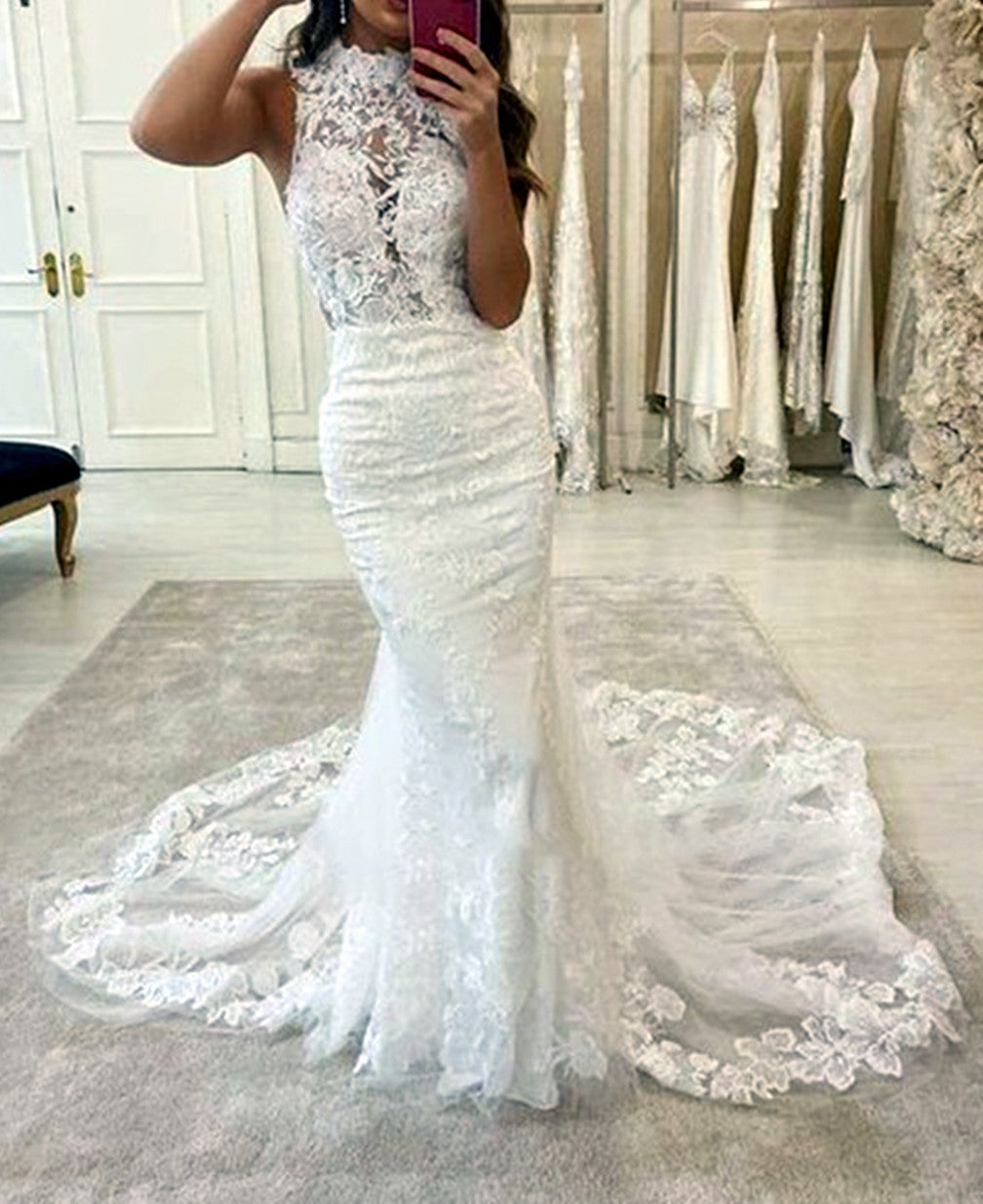 Women Mermaid Appliques Wedding Dresses Halter Lace Bridal Gowns YWD201