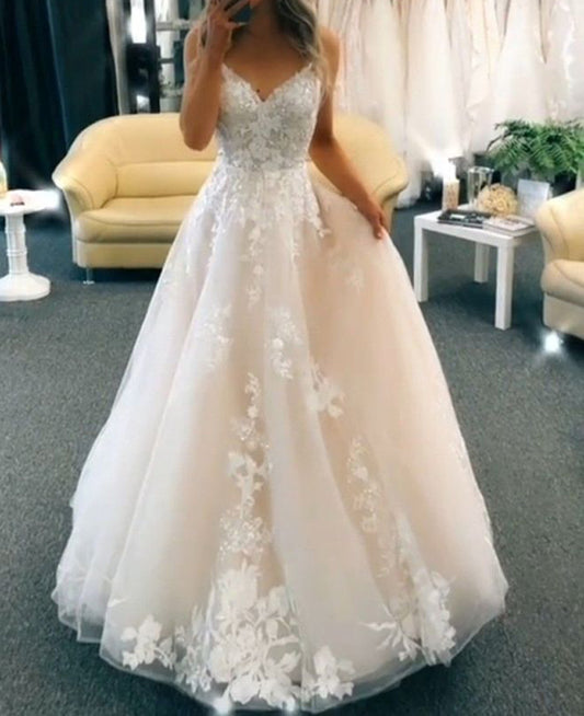 Women A-Line Lace Wedding Dresses Sleeveless V-Neck Appliques Bridal Gowns YWD233