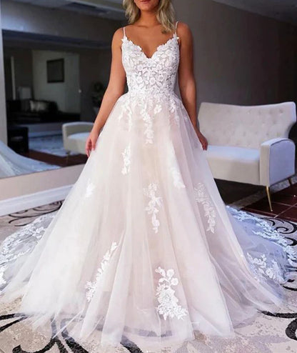 Women A-Line Lace Wedding Dresses Sleeveless V-Neck Appliques Bridal Gowns YWD235