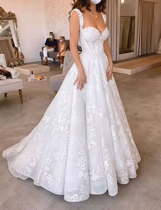 Women A-Line Lace Wedding Dresses Sleeveless Sweetheart Appliques Bridal Gowns YWD234