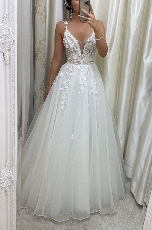 Women A-Line Lace Wedding Dresses Sleeveless V-Neck Appliques Bridal Gowns YWD237