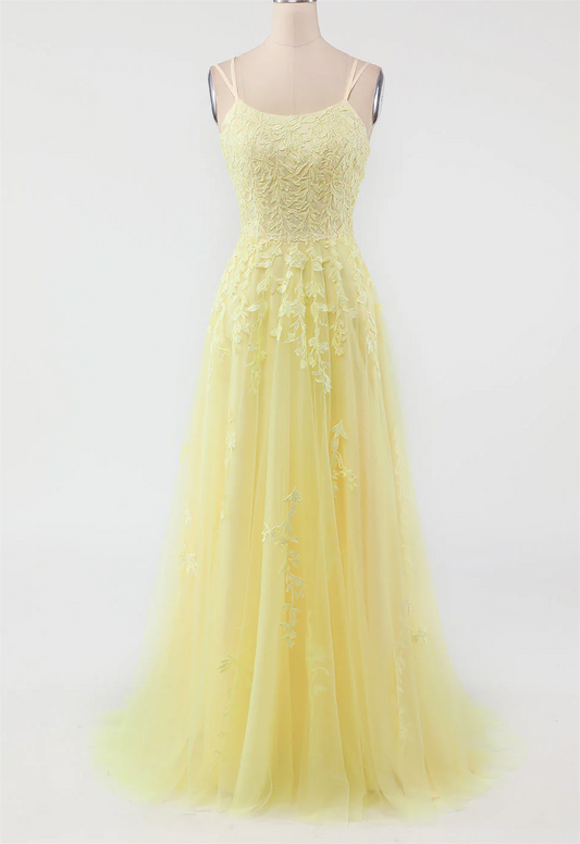 Women Tulle Appliques Prom Dress Long Spaghetti Straps Evening Gowns Princess Formal Party Dress YPD749
